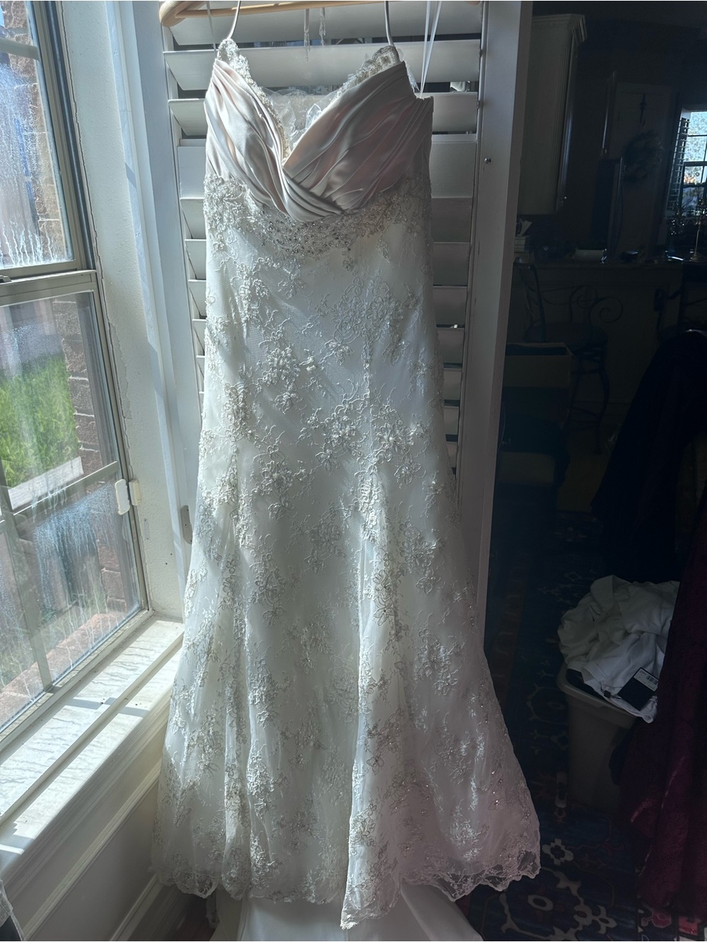 Elegant White Lace Wedding Dress with Blush Bodice